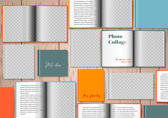 Wall Mural - Template for photo collage in modern style. Frames for clipping masks are in the vector file. Template for a photo album. Lots of open and closed books