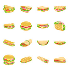 Vector Illustration Of Sandwich And Fastfood Sign. Set Of Sandwich And Lunch Stock Symbol For Web.