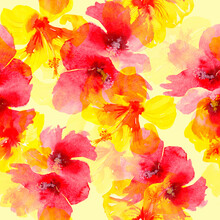 Bright Large Hibiscus On A Sunny Yellow Background. Floral Seamless Pattern. Tropical Yellow And Red Flowers. Beautiful Watercolor Print.