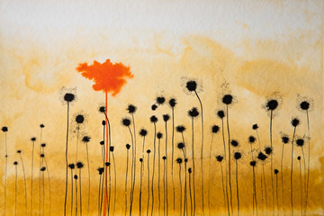 Autumn landscape painted with Watercolor stains. Orange and black spotty background. Part of serie.