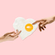 canvas print picture - An alternative food. Touch of God - two hands and fried egg against trendy coral background. Negative space to insert your text. Modern design. Contemporary colorful and conceptual bright art collage.