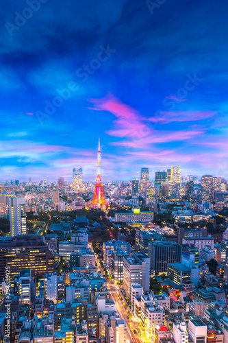 Cityscape of Tokyo, city aerial skyscraper view of office building and downtown and street of minato in tokyo with sunset / sun rise background Wallpaper Mural