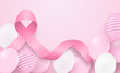 Breast cancer awareness month symbol emblem. Design with pink ribbon and balloons on soft pink background. vector.