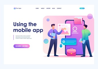Poster - young men standing near the mobile phone screen, the use of mobile application. flat 2d character. l