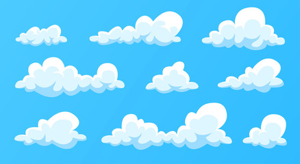 Wall Mural - clouds set isolated on a blue background. simple cute cartoon design. modern icon or logo collection