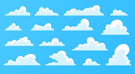 Wall Mural - clouds set isolated on a blue background. simple cute cartoon design. modern icon or logo collection