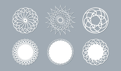 Lace doily lasercut paper Round pattern ornament Template mockup of a round white lace doily napkin lasercut frame Set Design element for lasercut elegant vintage invitation banner Vector lacy doily