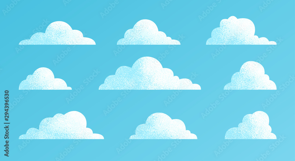 Clouds set isolated on a blue background. Simple cute cartoon design. Modern icon or logo collection. Realistic elements. Flat style vector illustration. - obrazy, fototapety, plakaty 