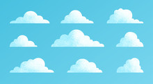 Clouds Set Isolated On A Blue Background. Simple Cute Cartoon Design. Modern Icon Or Logo Collection. Realistic Elements. Flat Style Vector Illustration.