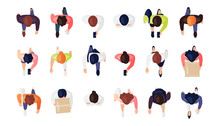 Top View Of People Set Isolated On A White Background. Men And Women. View From Above. Male And Female Characters. Simple Flat Cartoon Design. Realistic Vector Illustration.