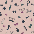 Vector seamless pattern of photo booth props. Repeating background of moustache, glasses, lips, heart, pipe, hat, tie for holiday or party. Moustache season backdrop