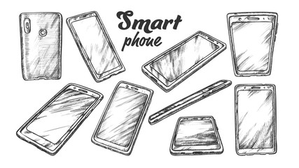 Wall Mural - smartphone technology gadget set vintage vector. collection in different side view smartphone with t