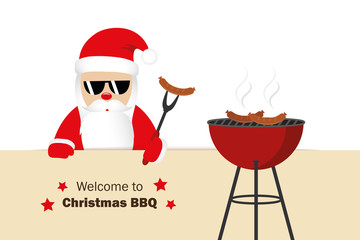 welcome to christmas BBQ santa claus grills sausages funny cartoon vector illustration EPS10