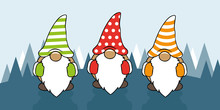 Three Cute Christmas Gnomes With Funny Caps Cartoon Vector Illustration EPS10