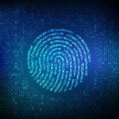 Sticker - Fingerprint made with binary code. Biometrics identification and approval. Password control through fingerprints. Futuristic biometric and cyber security concept on the digital surface. Vector. EPS10.