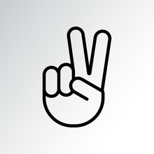 Sign Of Victory Or Peace. Hand Gesture Of Human, Black Line Icon. Two Fingers Raised Up. Vector Illustration
