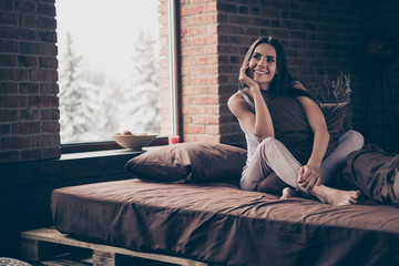 Sticker - Portrait of her she nice-looking fresh healthy attractive charming cute pretty lovely cheerful cheery dreamy girl sitting in bed enjoying perfect weekend industrial brick loft modern style hotel room