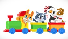 Toy Train With Soft Toys Hare, Dog, Penguin, Raccoon Ride In Wagons  Isolated On White Background