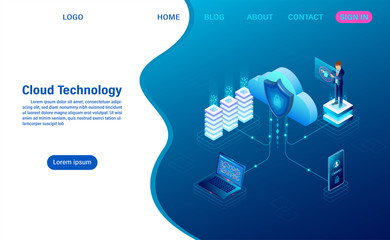 Cloud Computing technology Concept. Digital service or app with data transfering. data processing Protecting data security concept. isometric flat design