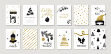 Set Of Christmas New Year Winter Holiday Cute Greeting Cards With Gold Texture Objects. Vector Abstract Trendy Illustration In Minimalistic Hand Drawn Flat Style