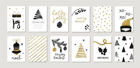 Wall Mural - Set of christmas new year winter holiday cute greeting cards with gold texture objects. Vector abstract trendy illustration in minimalistic hand drawn flat style