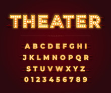 3d Light Bulb Alphabet With Red Frame Isolated On Dark Red Background. Theater Style Retro Glowing Font. Vector Illustration.