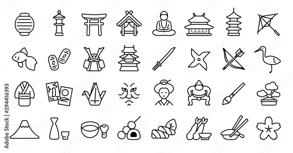 Japanese Traditional Culture Icon Set (Thin Line Version) - obrazy, fototapety, plakaty 