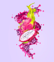 Wall Mural - Fresh ripe dragon fruit and dragon fruit smoothie 3D splash wave. Healthy food or tropical fruit drink liquid ad label design. Tasty pitaya juice or smoothie splash isolated, vitamin cocktail concept