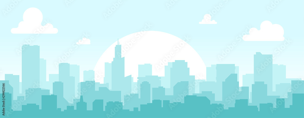Seamless silhouette of the city. Cityscape with buildings. Simple blue background. Urban landscape. Beautiful template. Modern city with layers. Flat style vector illustration. - obrazy, fototapety, plakaty 