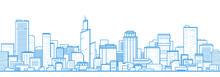 Seamless City Landscape. Cityscape With Buildings. Simple Blue Background. Urban Silhouette. Line Art. Beautiful Template. Modern City With Layers. Flat Style Vector Illustration.