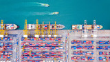 Top view of Deep water port with cargo ship and containers. It is an import and export cargo port where is a part of shipping dock and export products worldwide