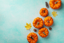 Autumn Thanksgiving Background. Pumpkins And Maple Leaves On Turquoise Table Top View.