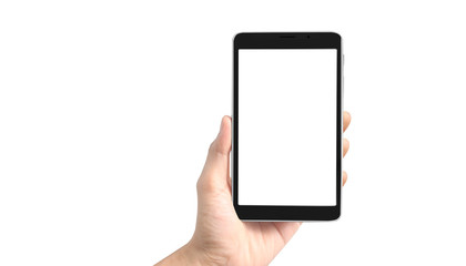 Hands holding a tablet touch computer gadget with isolated