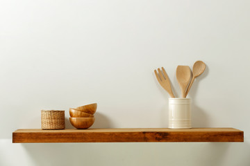 Wall Mural - wooden kitchen shelf of free space for your decoration and gray wall space