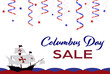 American National Holiday. US color background with Santa Maria. Text: Columbus Day SALE