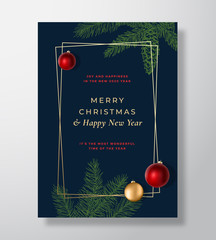 merry christmas abstract vector greeting card, poster or holiday background. blue and gold colors an