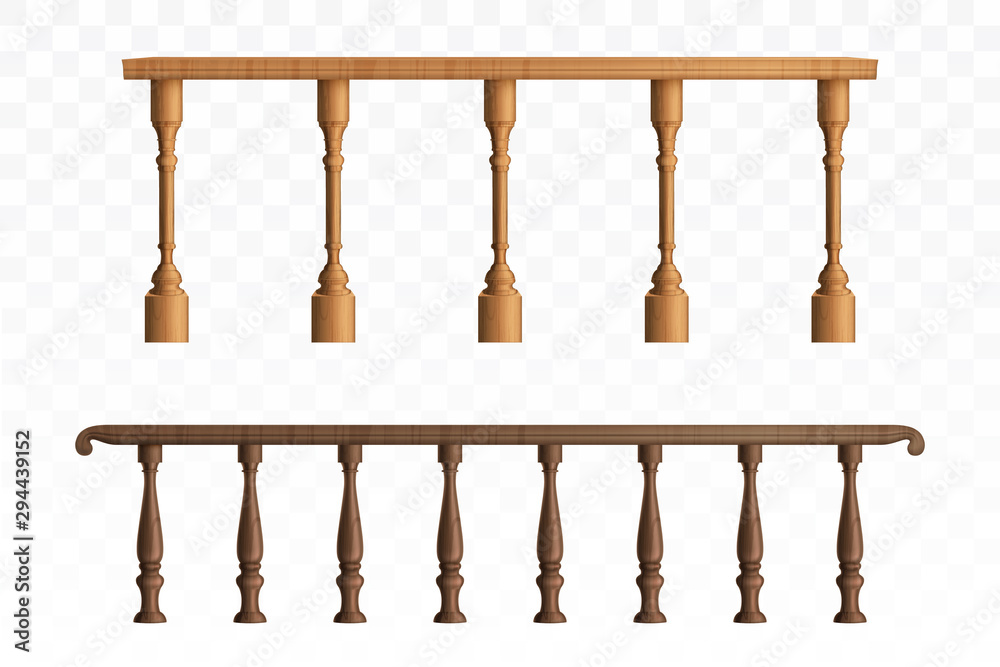 Wooden balustrade, balcony railing or handrails set. Banister or fencing sections with decorative pillars. Panels balusters for architecture design isolated elements. Realistic 3d vector illustration - obrazy, fototapety, plakaty 
