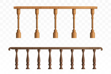 Wooden Balustrade, Balcony Railing Or Handrails Set. Banister Or Fencing Sections With Decorative Pillars. Panels Balusters For Architecture Design Isolated Elements. Realistic 3d Vector Illustration