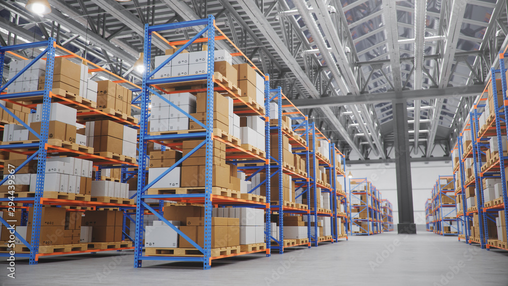 Warehouse with cardboard boxes inside on pallets racks, logistic center. Huge, large modern warehouse. Warehouse filled with cardboard boxes on shelves, boxes stand on pallets, 3D Illustration - obrazy, fototapety, plakaty 