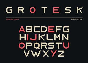 Fototapete - Latin alphabet, sans serif font in grotesk retro style. Abc uppercase letters on black background, typeface for posters and banners typography. Duotone elements, signs, symbols. Vector illustration