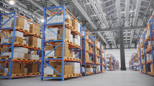 warehouse with cardboard boxes inside on pallets racks, logistic center. huge, large modern warehous