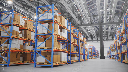 Fotografía Warehouse with cardboard boxes inside on pallets racks, logistic center