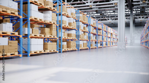 Fotomural Warehouse with cardboard boxes inside on pallets racks, logistic center