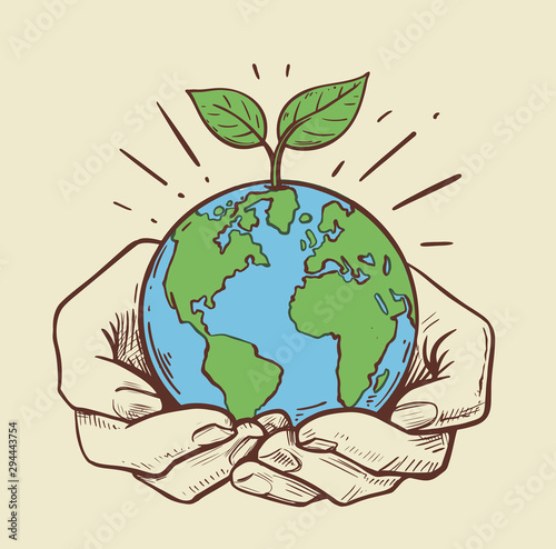 Cuadros en Lienzo girls holding planet earth illustration