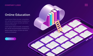 Poster - Online education isometric concept vector illustration. Open books on mobile phone screen and cloud with library on violet background, landing web site page for educational or language courses