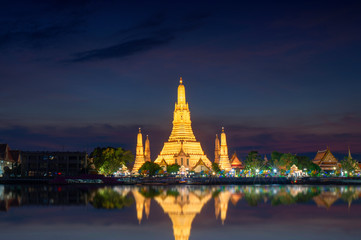 Wat Arun Temple at twilight in Bangkok, Thailand.