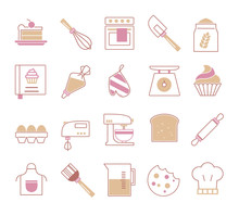 Vector Icon Set For Cretaing Infographics Related To Baking, Including Food Like Cupcake, Tools Like Piping Bag Or Whisk And Various Ingredients Like Eggs Or Flour