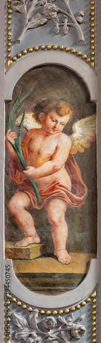 Photographie MENAGGIO, ITALY - MAY 8, 2015: The fresco of angel in church chiesa di Santo Stefano by Luigi Tagliaferri (1841-1927)