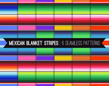 Pack Of 6 Mexican Serape Blanket Stripes Seamless Vector Patterns In Vivid Colors. Backgrounds For Day Of The Dead Or Cinco De Mayo Decor. Rug Texture With Threads. Pattern Tile Swatches Included.