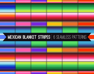 Pack of 6 Mexican Serape Blanket Stripes Seamless Vector Patterns in Vivid Colors. Backgrounds for Day of the Dead or Cinco de Mayo Decor. Rug Texture with Threads. Pattern Tile Swatches Included.